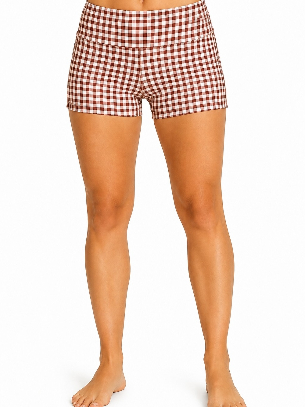 JoyLab Brown and White Gingham High-Rise Swim Bike Shorts